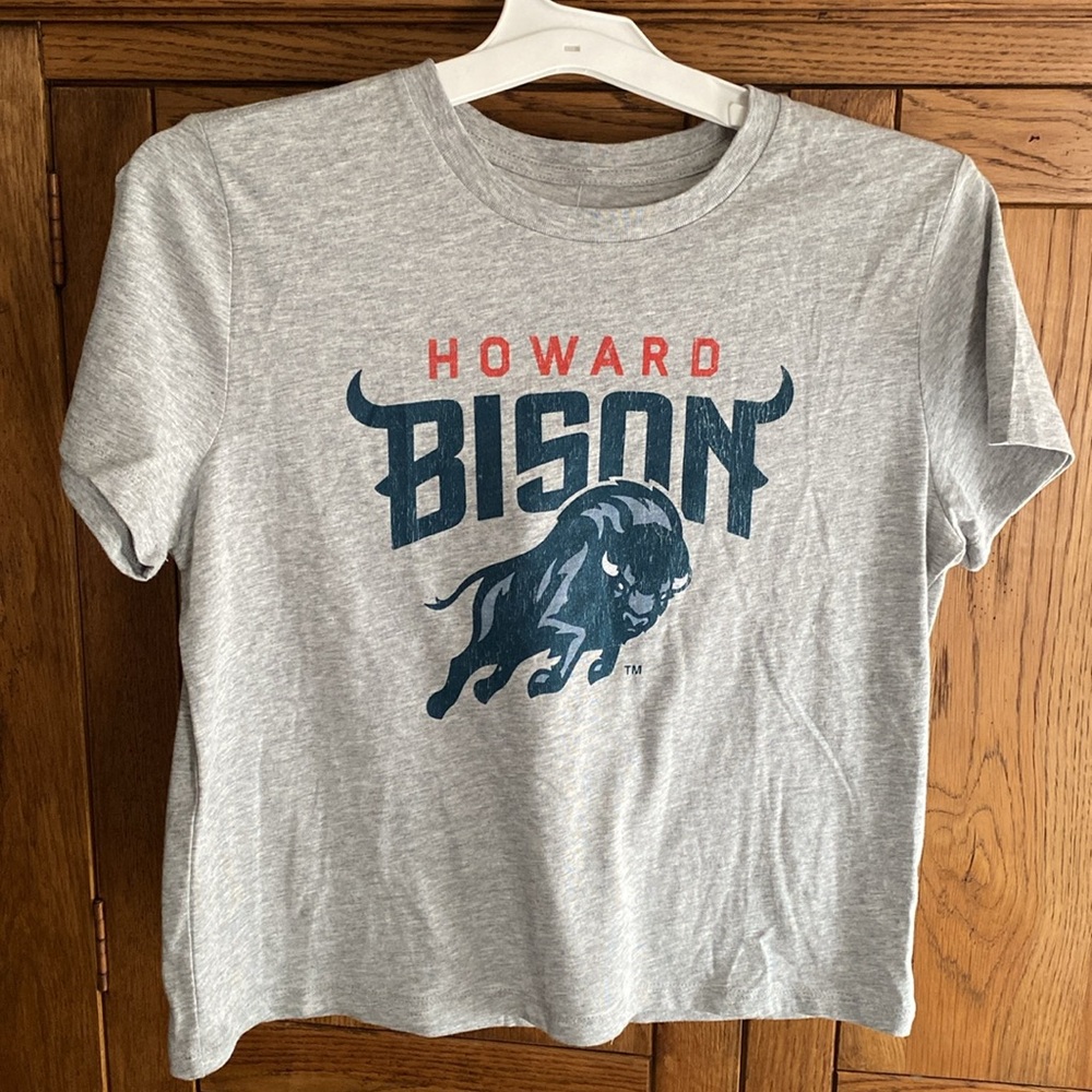 HOWARD BISON Short Sleeve Crop Tee Shirt with Team Mascot, Grey, Size Large NWT